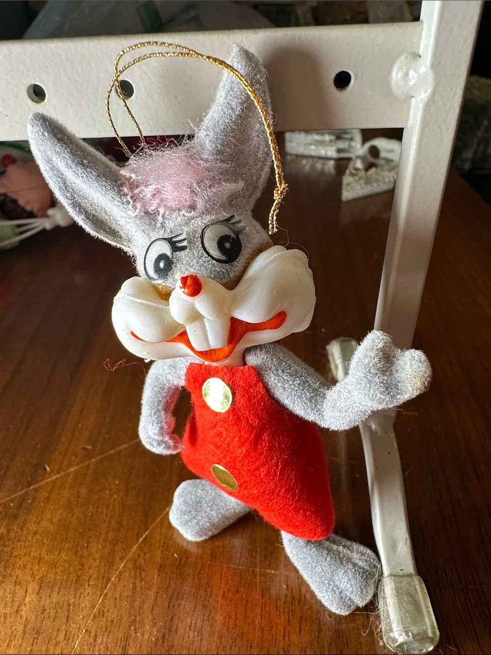 Vtg  1977 Warner Bros. Honey Bunny ornament - flocked gray felt body & red dress